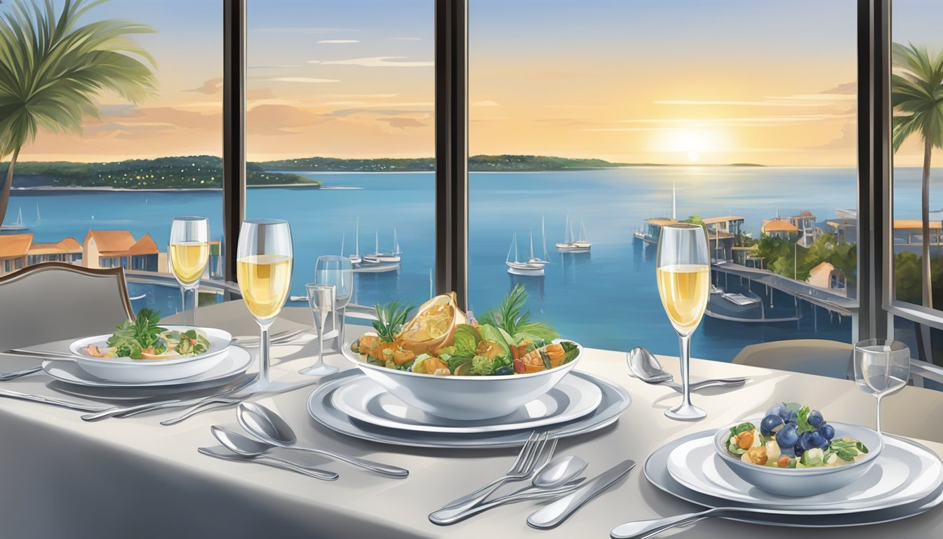 A table set with gourmet dishes and elegant silverware, overlooking a sparkling bay at Vue oue bayfront restaurant