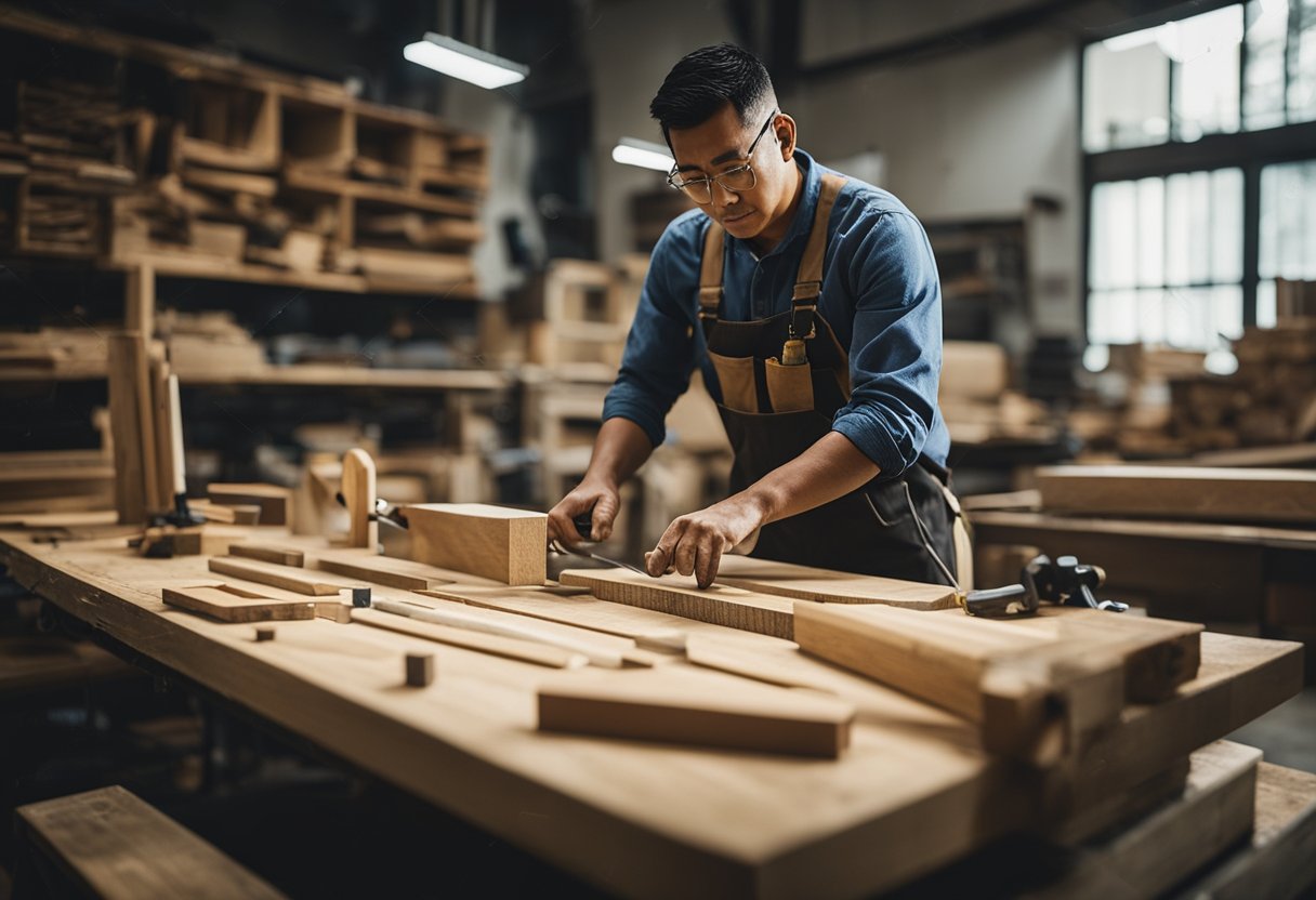 A carpenter meticulously measures and cuts wood, surrounded by various tools and materials, in a well-lit workshop in Singapore