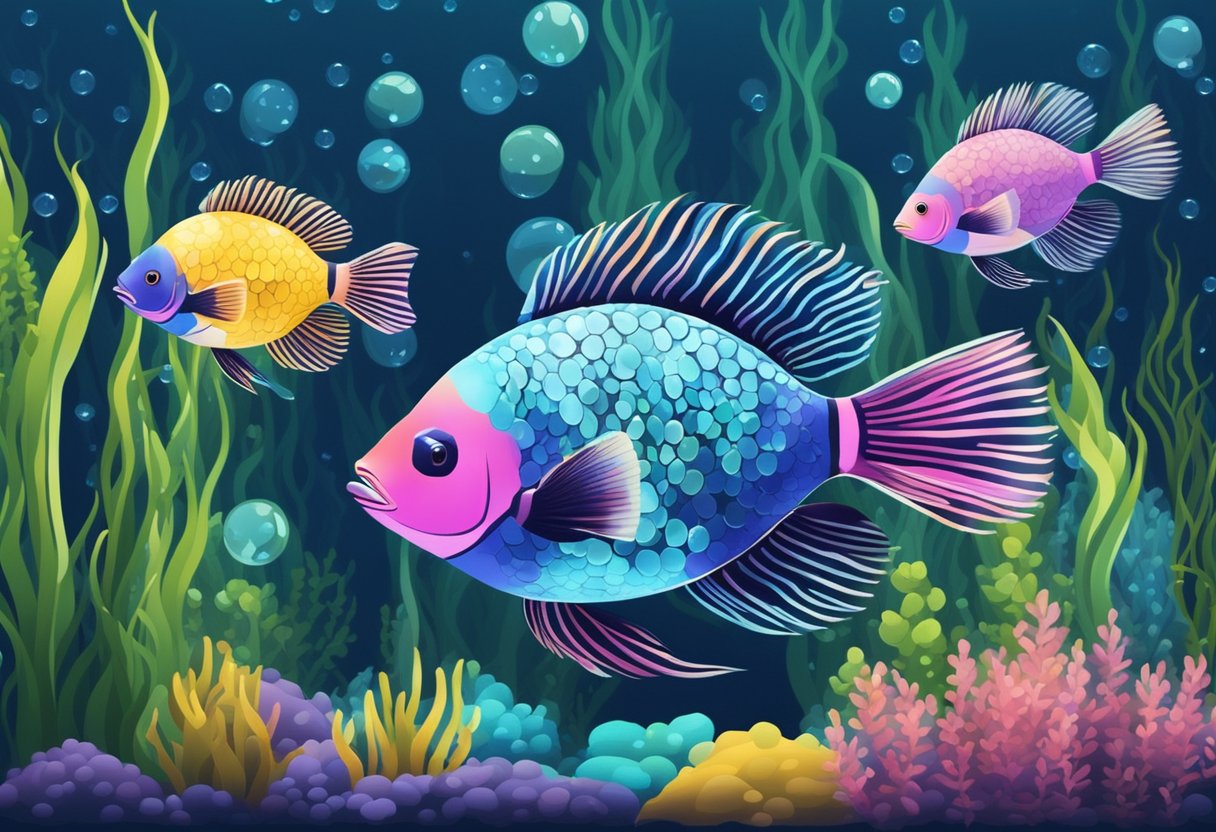 Colorful fish swimming in a clear, sparkling aquarium with aquatic plants and bubbles