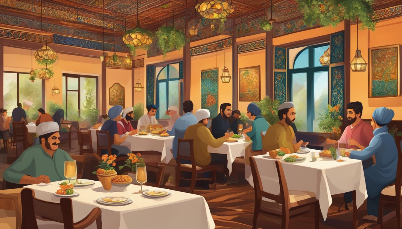 Vibrant Persian restaurant with ornate decor, rich colors, and aromatic dishes, bustling with diners enjoying authentic cuisine and warm hospitality