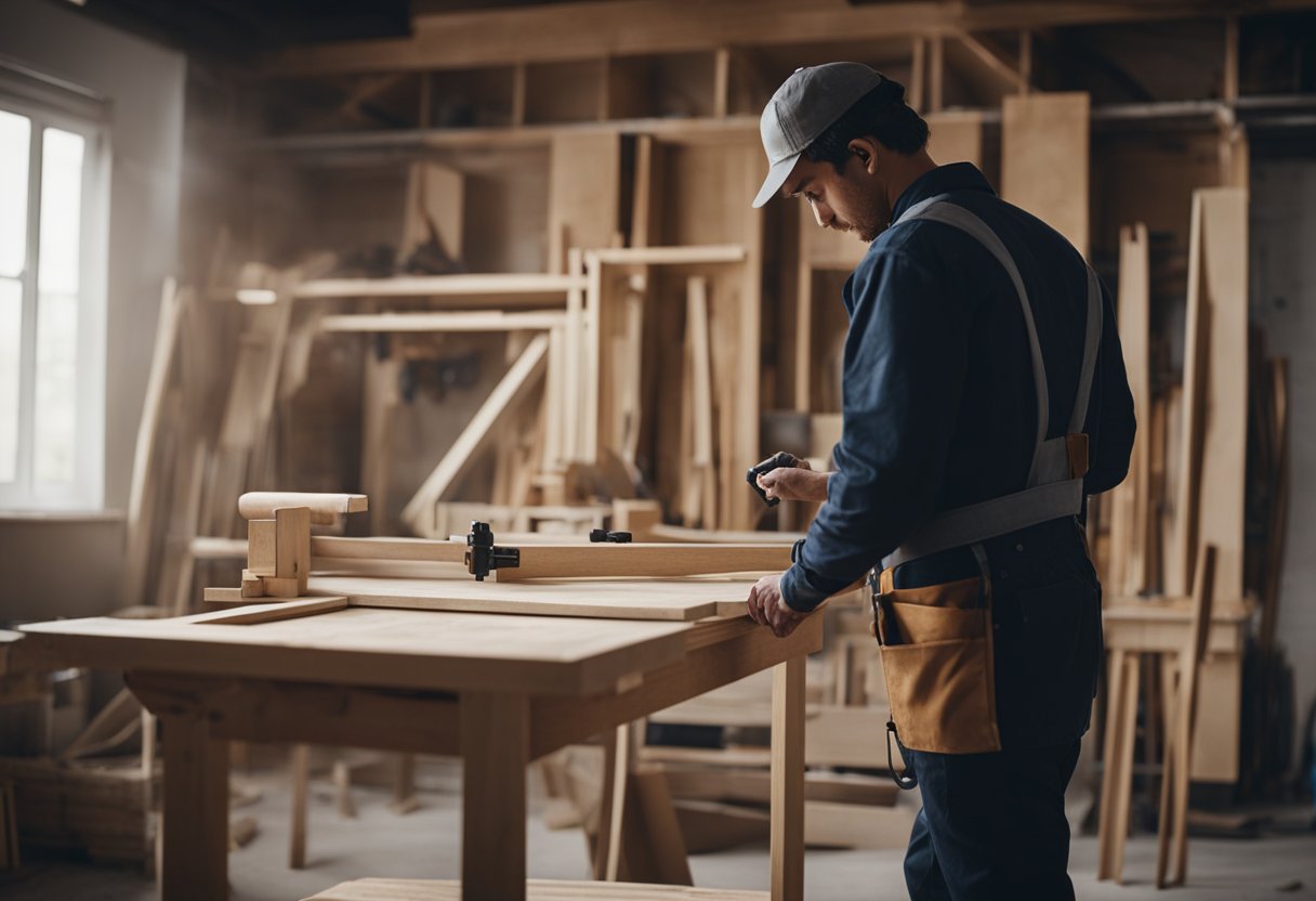 A carpenter is using tools to transform a bare room into a beautifully crafted space, with custom-made furniture and intricate woodwork