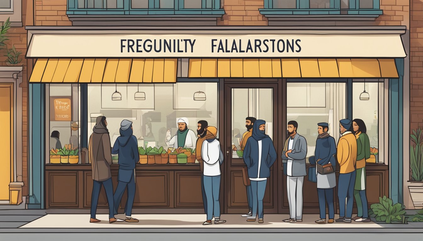 Customers lining up outside MBS Halal Restaurant, with a sign displaying "Frequently Asked Questions" prominently in the window