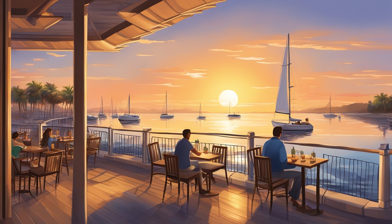 The sun sets over the calm bay, casting a warm glow on the outdoor seating area of the restaurant. The water shimmers in the fading light, and distant sailboats dot the horizon
