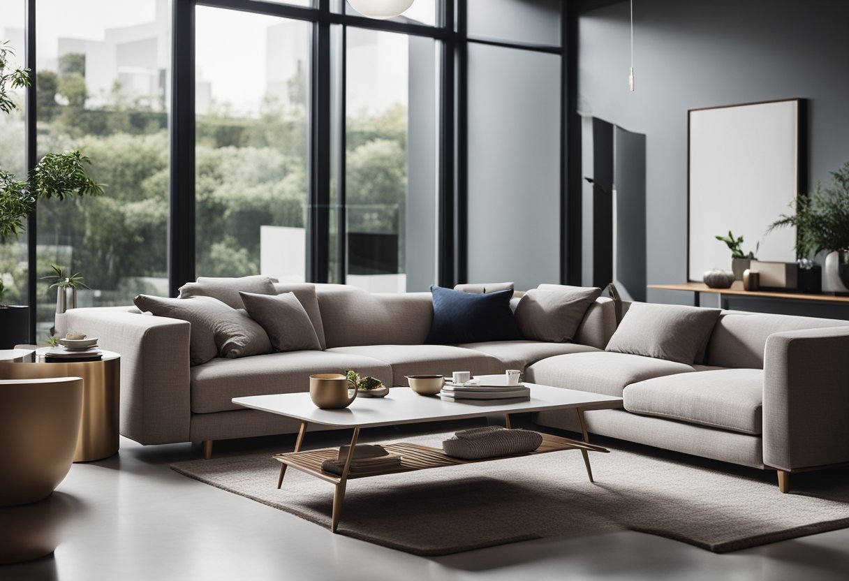 A cozy living room with a sleek, custom-made sofa and a matching coffee table, set against a backdrop of modern, minimalist decor