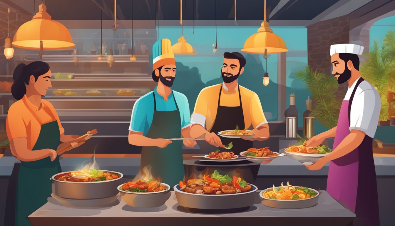 Customers enjoying traditional Persian dishes in a vibrant restaurant setting. A chef prepares kebabs on a sizzling grill while aromatic spices fill the air