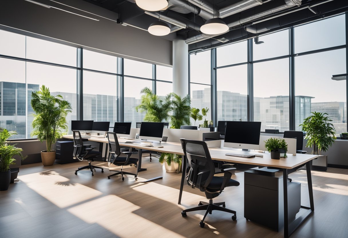 Sleek desks, ergonomic chairs, and modern technology fill the open-concept office. Natural light floods in from large windows, illuminating the vibrant greenery and minimalist decor