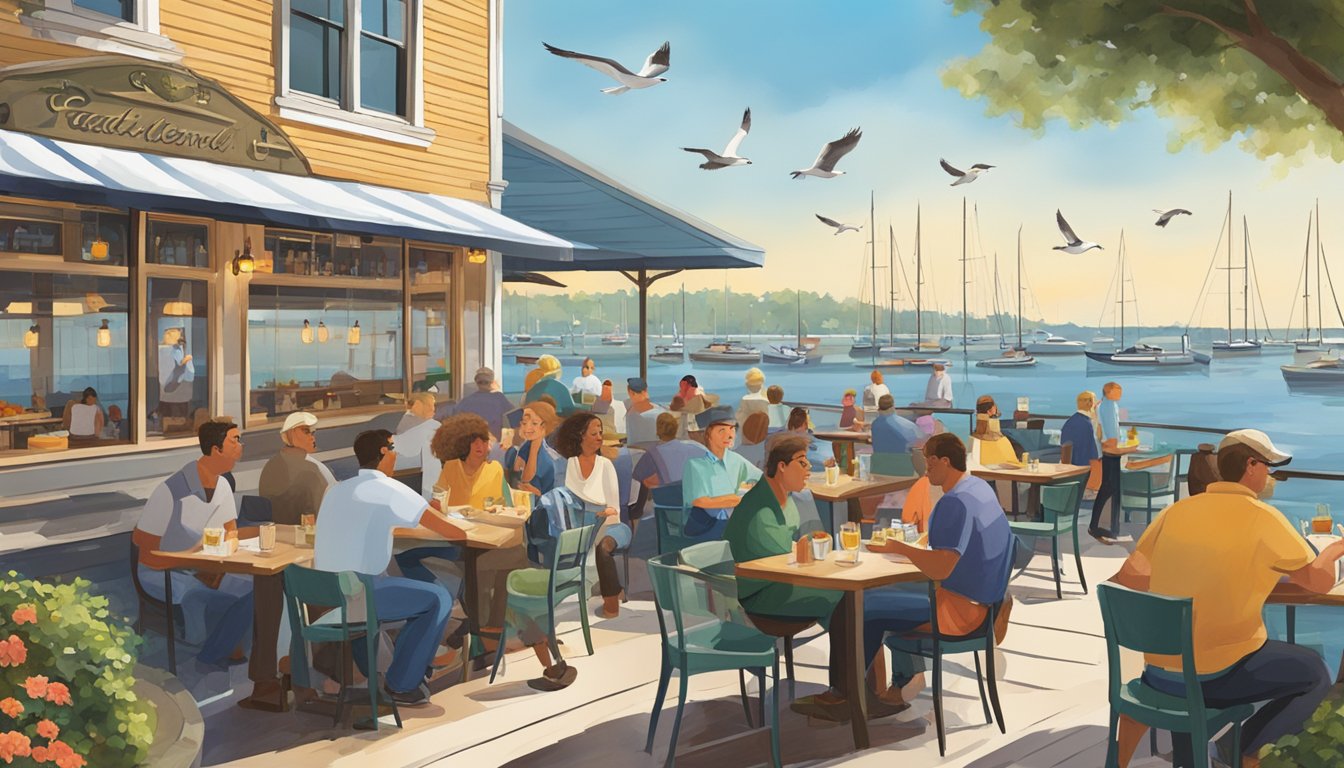 A bustling bayfront restaurant with outdoor seating, overlooking the water. Customers enjoy their meals while boats and seagulls populate the scene