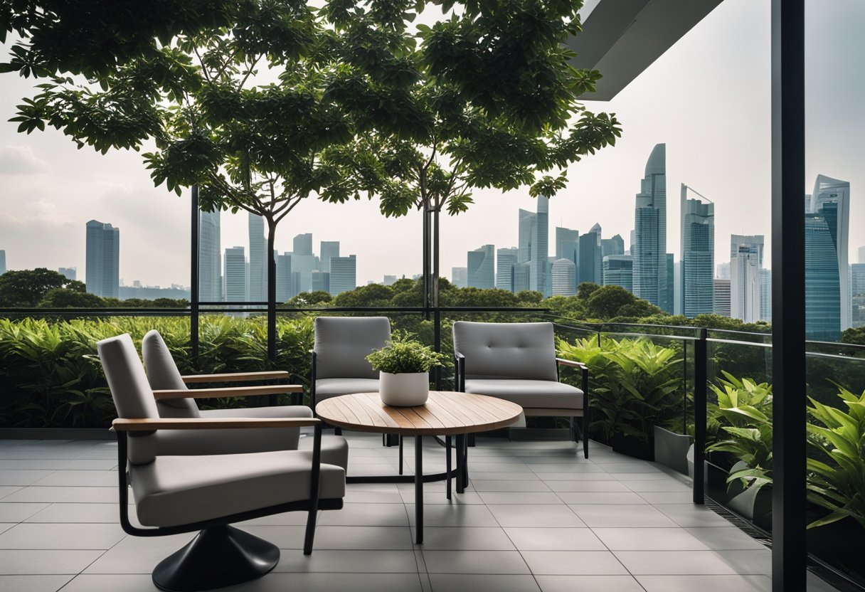 A modern outdoor setting in Singapore with sleek designer furniture, surrounded by lush greenery and a view of the city skyline