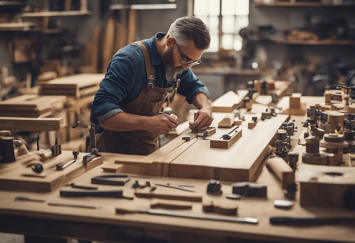 A craftsman measures and sketches a custom furniture design, surrounded by various tools and materials in a well-lit workshop