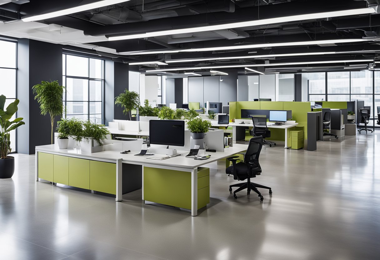 The office space features sleek, modern furniture, open floor plan, and abundant natural light. High-tech equipment and interactive workstations are strategically placed throughout the space