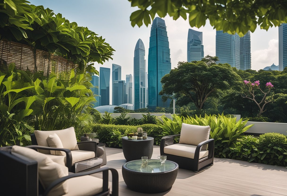 A lush garden with modern outdoor furniture, set against the backdrop of Singapore's skyline. Vibrant colors and sleek designs create an inviting and luxurious atmosphere