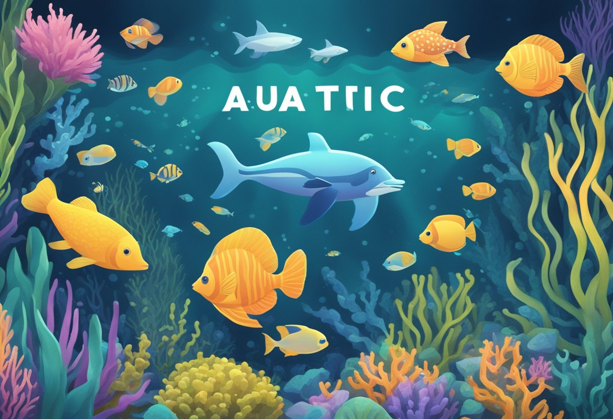 A tranquil underwater scene with colorful aquatic creatures and plants surrounding the words "Extended Name Ideas aquatic baby names."