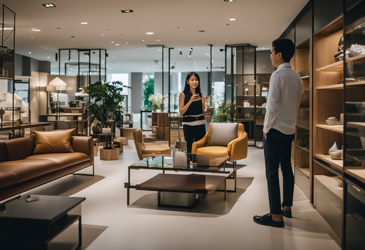 A customer browsing through a showroom of custom-made furniture in Singapore, with a sales representative answering frequently asked questions