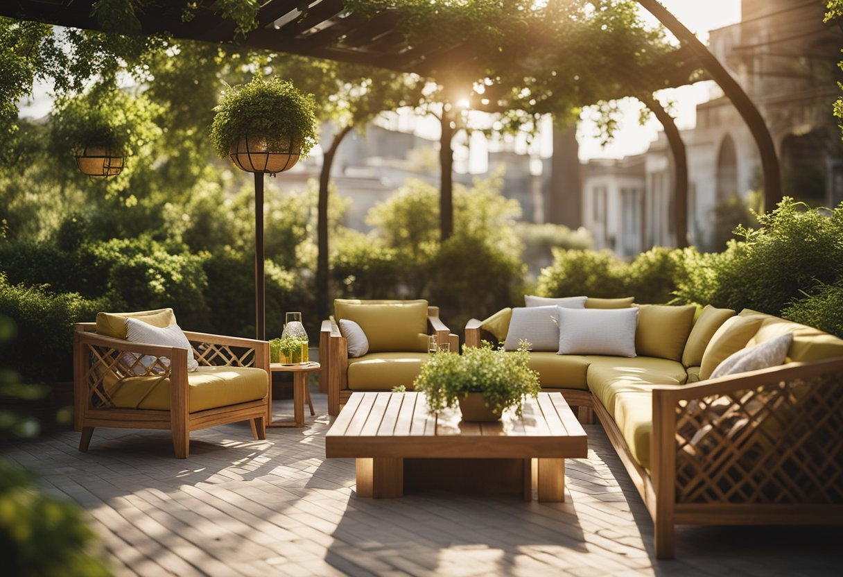 A cozy outdoor seating area with designer furniture, surrounded by lush greenery and bathed in warm sunlight