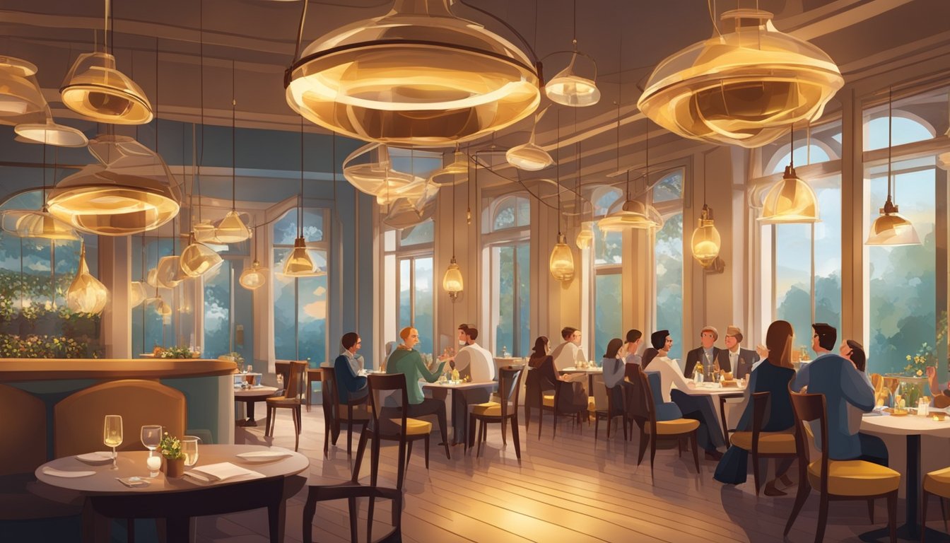 The restaurant buzzes with lively chatter and clinking glasses, as the warm glow of pendant lights illuminates the elegant decor and delicious dishes