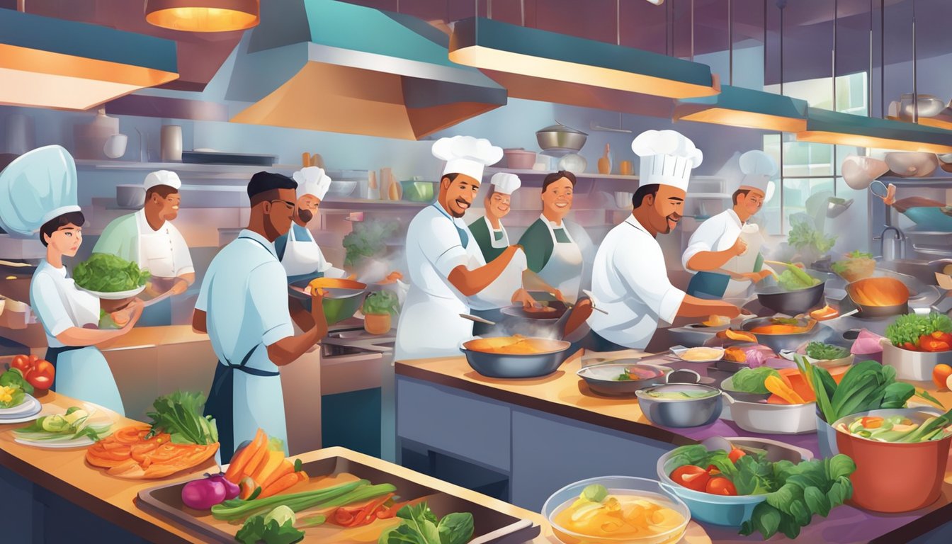 A bustling kitchen with chefs creating vibrant dishes, surrounded by colorful ingredients and the sizzle of pans