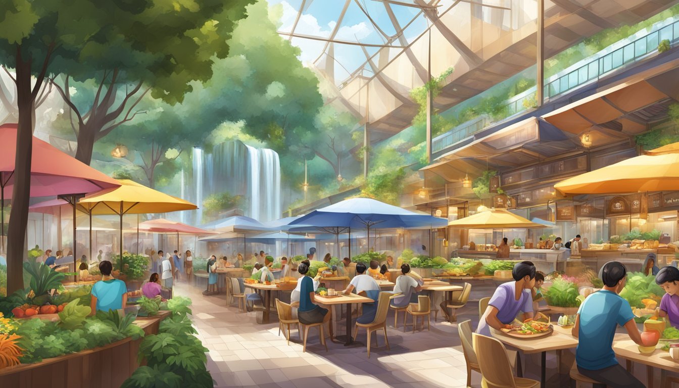 A bustling food court with colorful stalls and diverse cuisines, surrounded by lush greenery and a majestic indoor waterfall