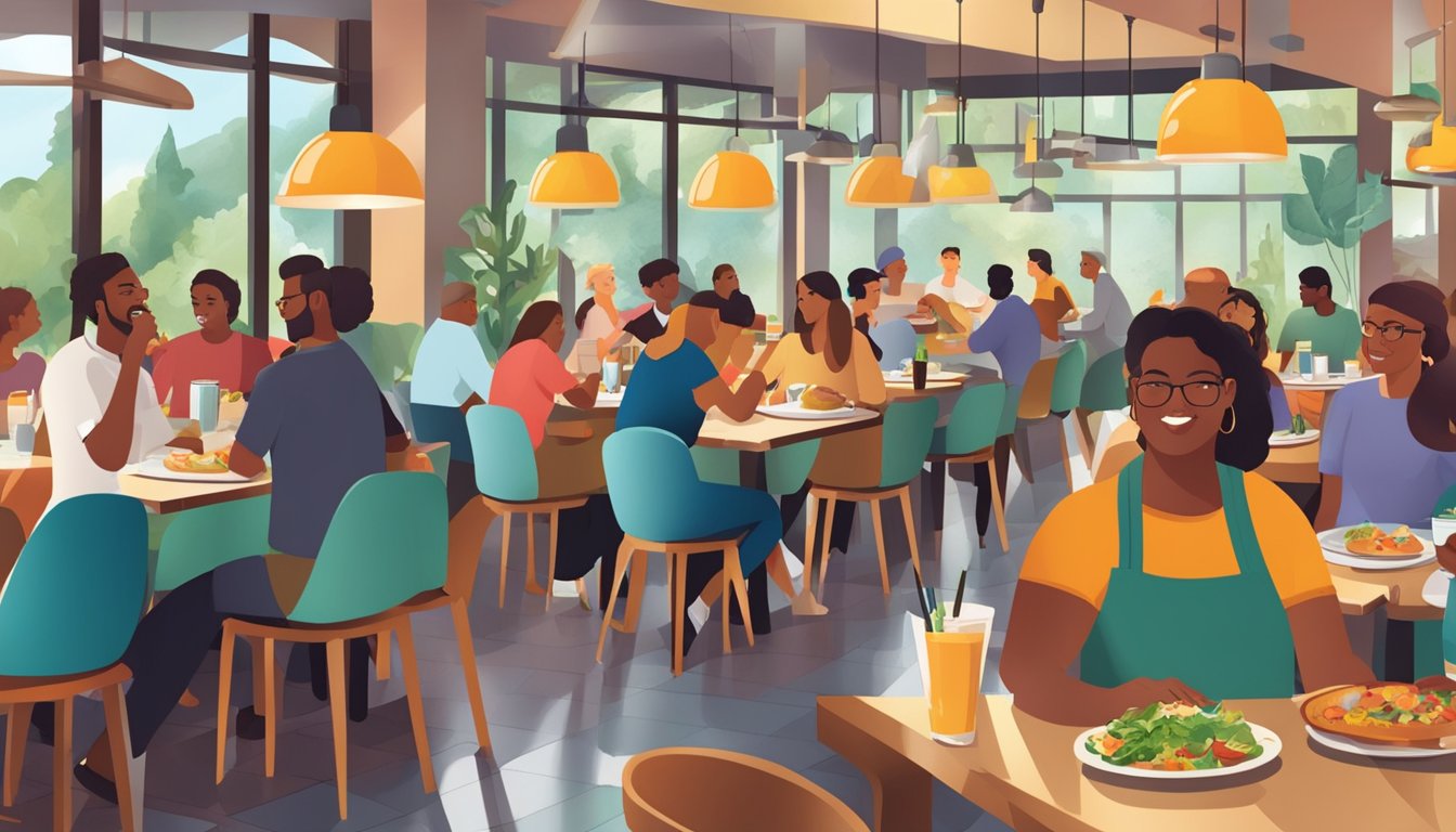 A bustling restaurant with diverse diners enjoying their meals, vibrant decor, and friendly staff serving delicious food