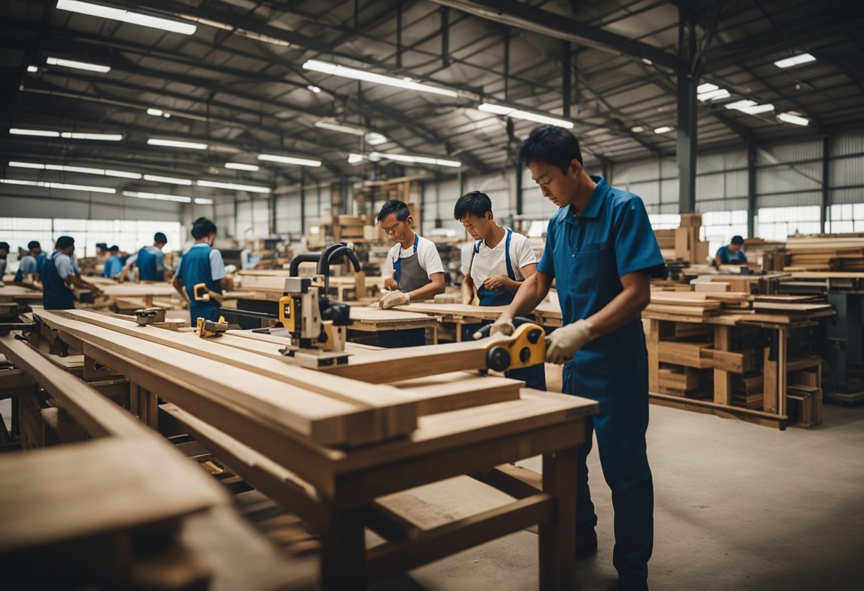 A bustling Singaporean carpentry factory, filled with the sounds of saws and hammers, as skilled craftsmen meticulously shape and assemble fine wood into exquisite furniture and fixtures