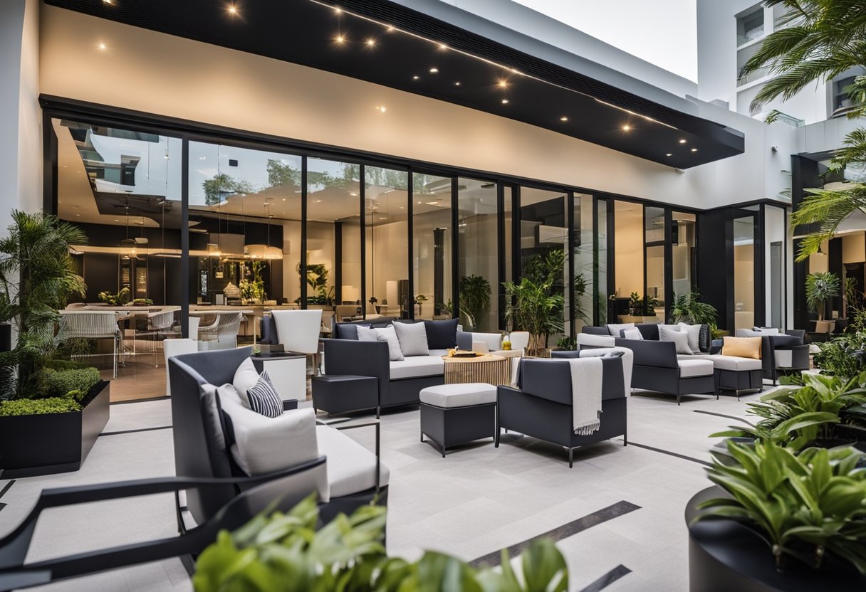 A modern outdoor furniture showroom in Singapore with sleek designs and vibrant color options. Multiple seating and dining sets are displayed in a spacious, well-lit area