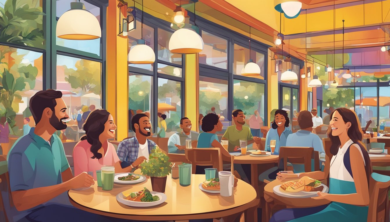 Customers smiling, chatting, and enjoying their meals in a lively restaurant atmosphere filled with colorful decor and friendly staff