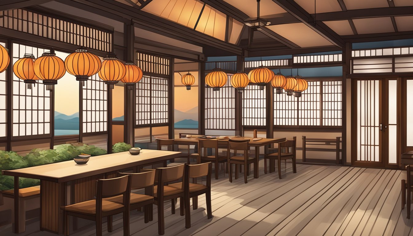 A traditional Japanese restaurant with lanterns, sliding doors, and a sushi bar