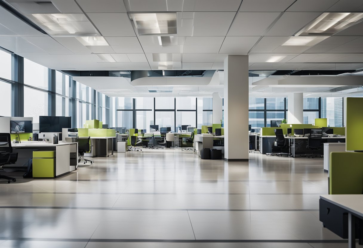 A modern office space with sleek, integrated technology, open floor plan, and global design influences