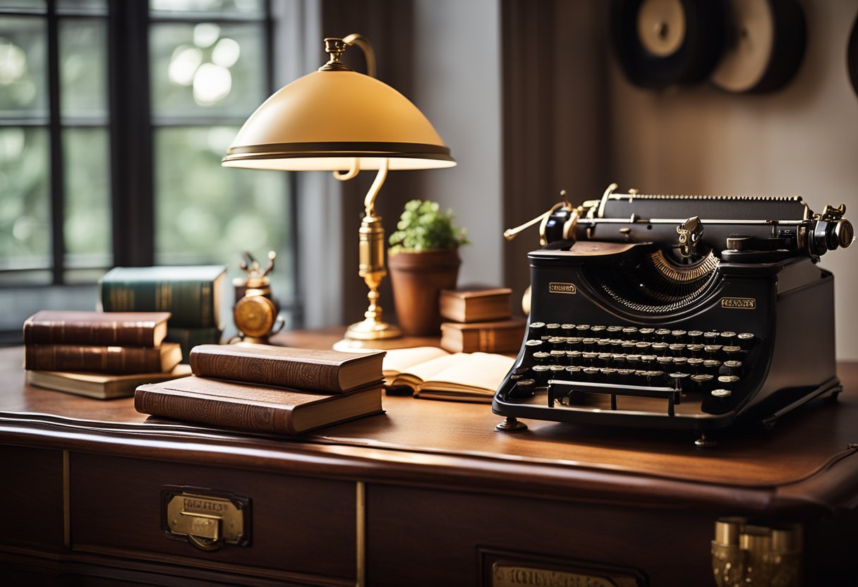 A traditional wooden desk with a vintage typewriter, leather-bound books, and a brass desk lamp in a cozy, well-lit study