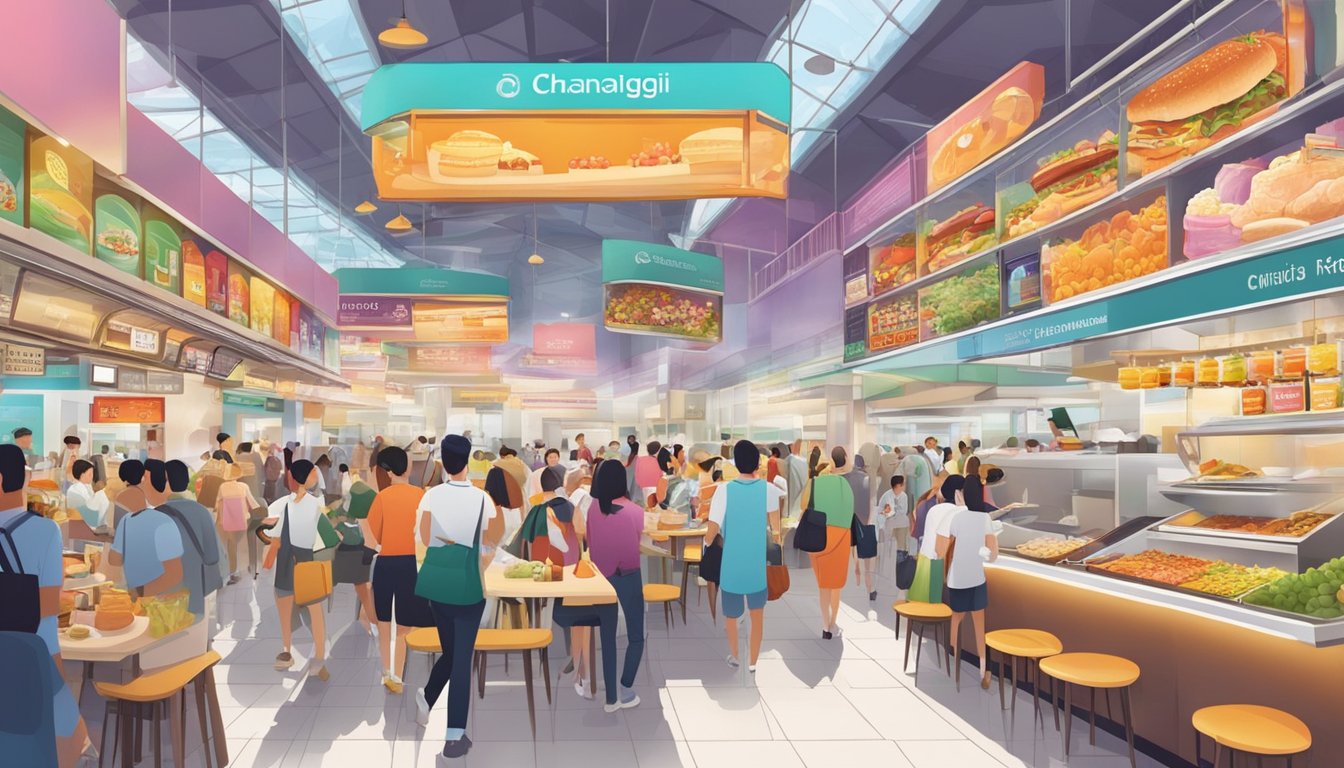 Colorful signage and bustling crowds surround a row of international eateries, with aromatic cuisines wafting through the air at Changi Airport