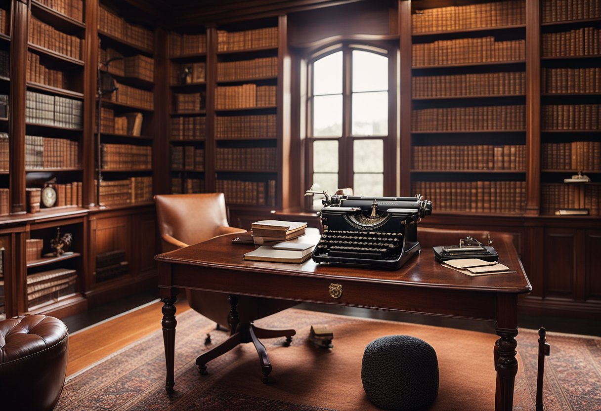 A classic home office with a mahogany desk, leather chair, and vintage typewriter. Bookshelves line the walls, filled with antique books and personal mementos. A large window lets in natural light, with a cozy rug underfoot