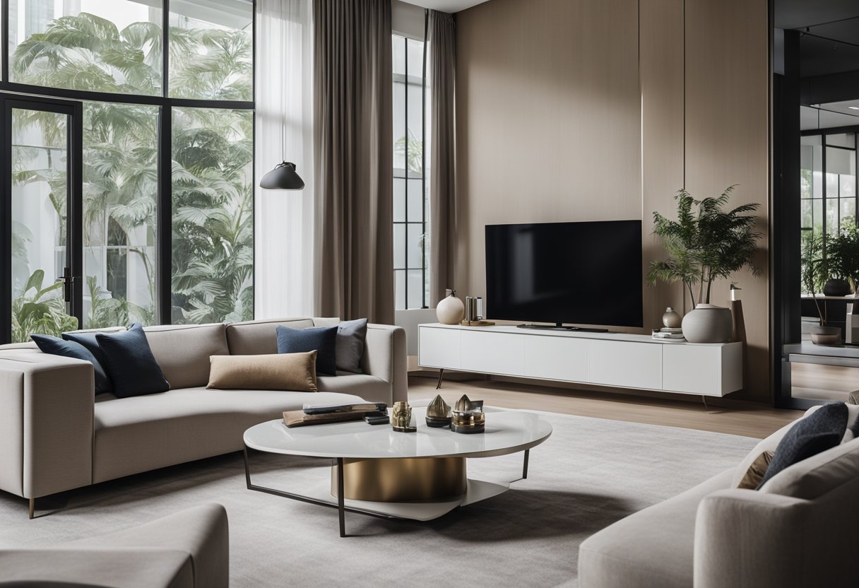 A modern living room with sleek designer furniture in Singapore. Clean lines, neutral colors, and minimalistic decor create a sophisticated and stylish space
