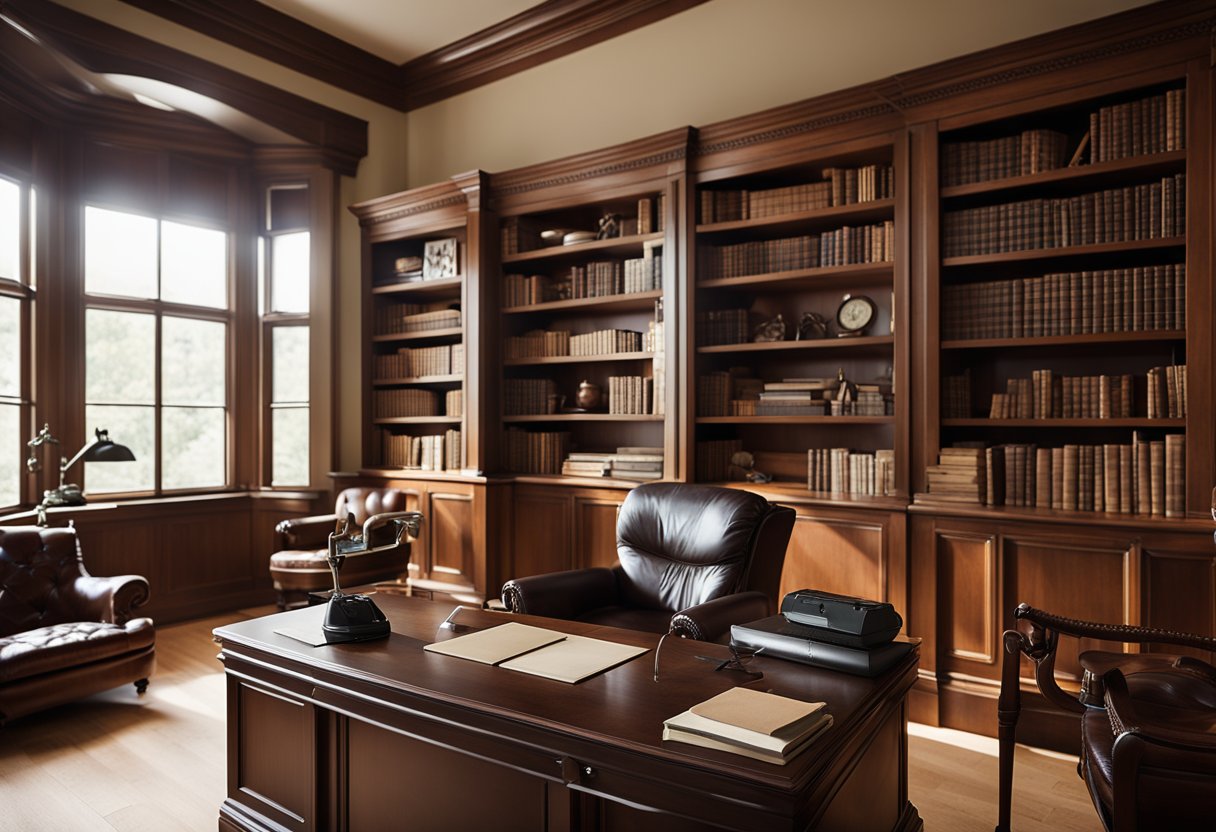 A classic home office with a large wooden desk, vintage leather chair, bookshelves, and a traditional desk lamp. The room is filled with warm natural light from a large window, creating a cozy and inviting atmosphere