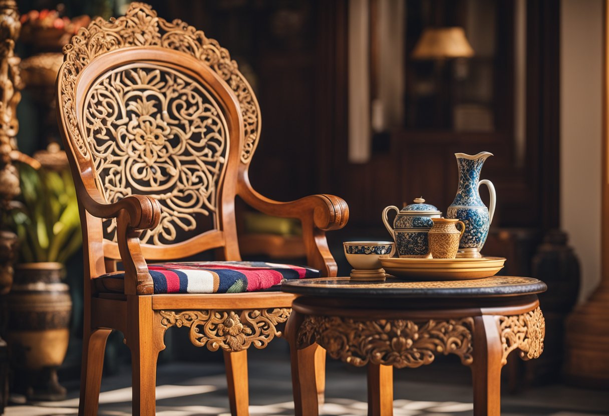 An ornate wooden chair and intricately carved table sit in a sunlit room, surrounded by vibrant textiles and traditional Singaporean decor