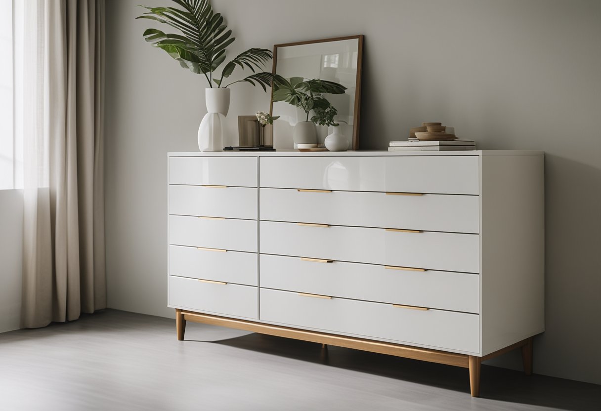 A modern, sleek dresser stands in a bright, airy room in Singapore, surrounded by minimalist decor and large windows letting in natural light