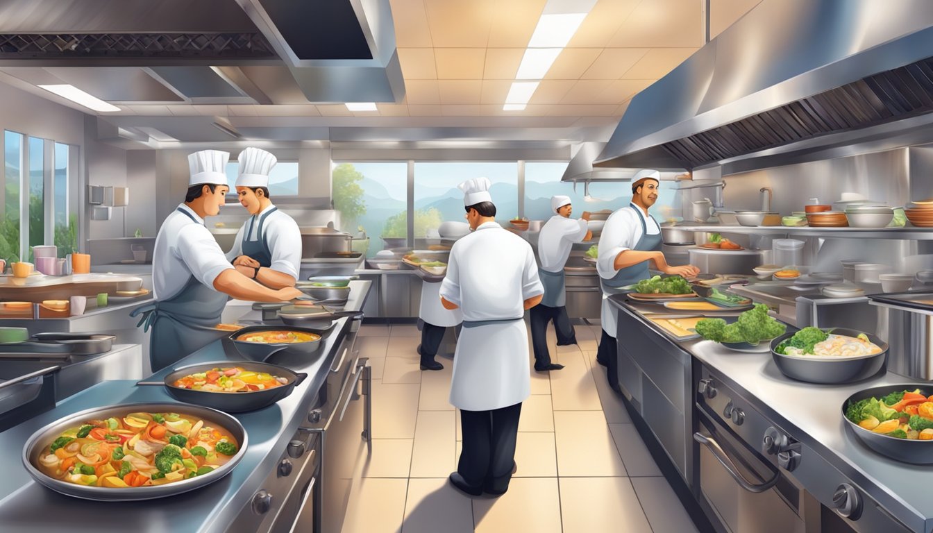 A bustling restaurant kitchen with chefs preparing colorful dishes and a menu board displaying a variety of culinary delights