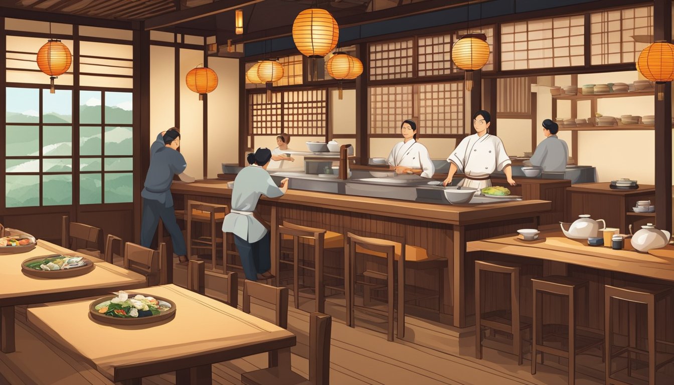 A traditional Japanese restaurant with wooden decor, low tables, and paper lanterns. A chef prepares sushi behind a counter while guests sit at the tables