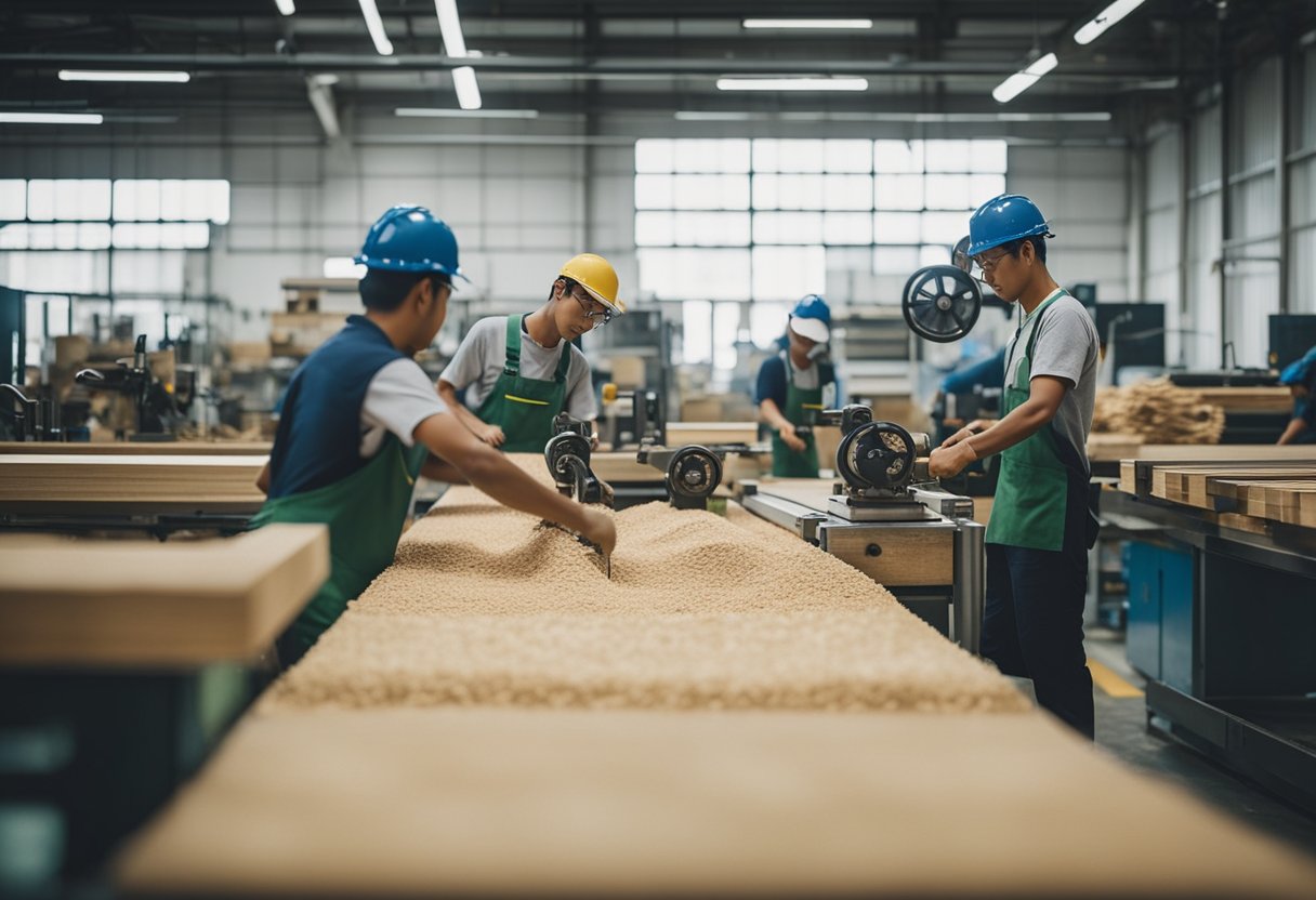 Machines buzzing, sawdust flying, workers measuring and cutting wood in a bustling carpentry factory in Singapore