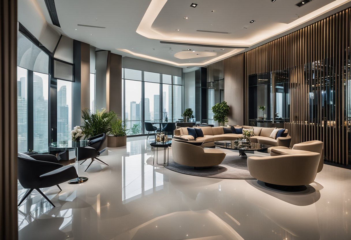 A room filled with modern, sleek designer furniture in a showroom in Singapore. Bright lighting highlights the clean lines and luxurious materials