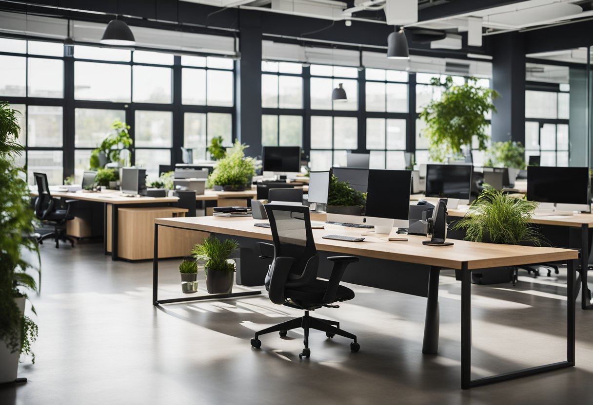 A modern tech office with open floor plan, collaborative workspaces, and sleek ergonomic furniture. Bright natural light and vibrant greenery create a refreshing atmosphere