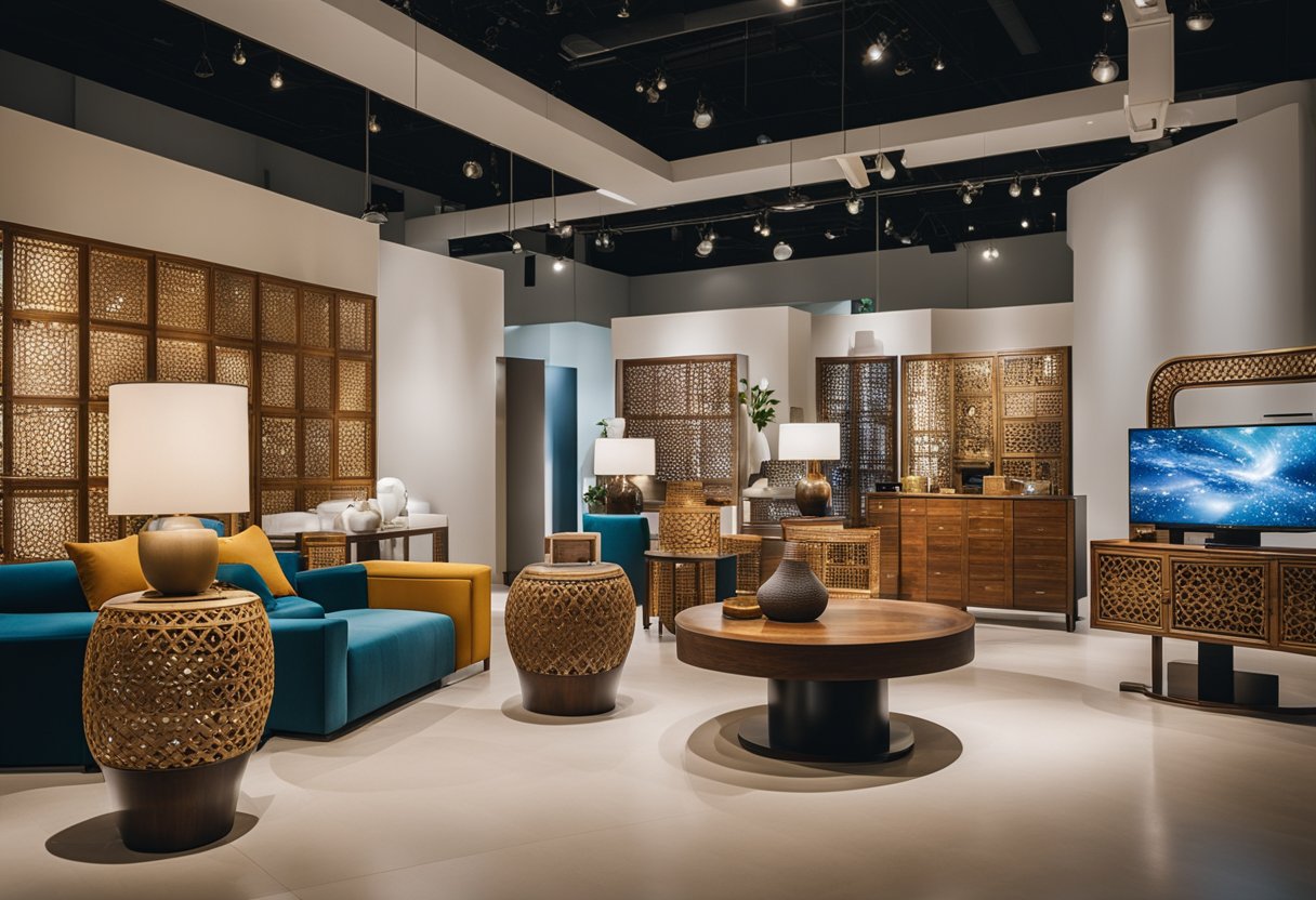 A diverse array of ethnic furniture from Singapore displayed in a modern showroom setting