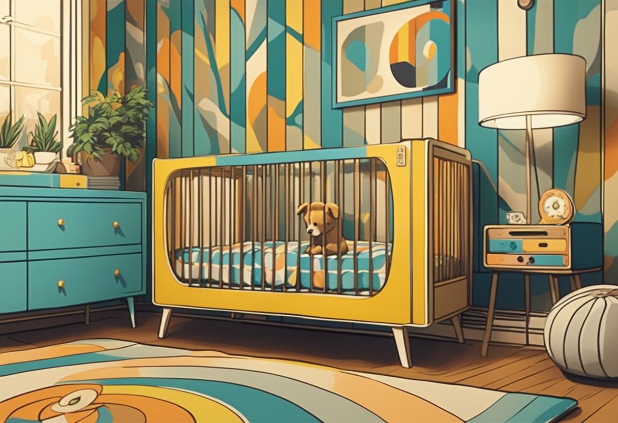 Colorful 70's themed nursery with retro wallpaper, vinyl records on the wall, and a vintage crib with "Good Names" embroidered on the bedding