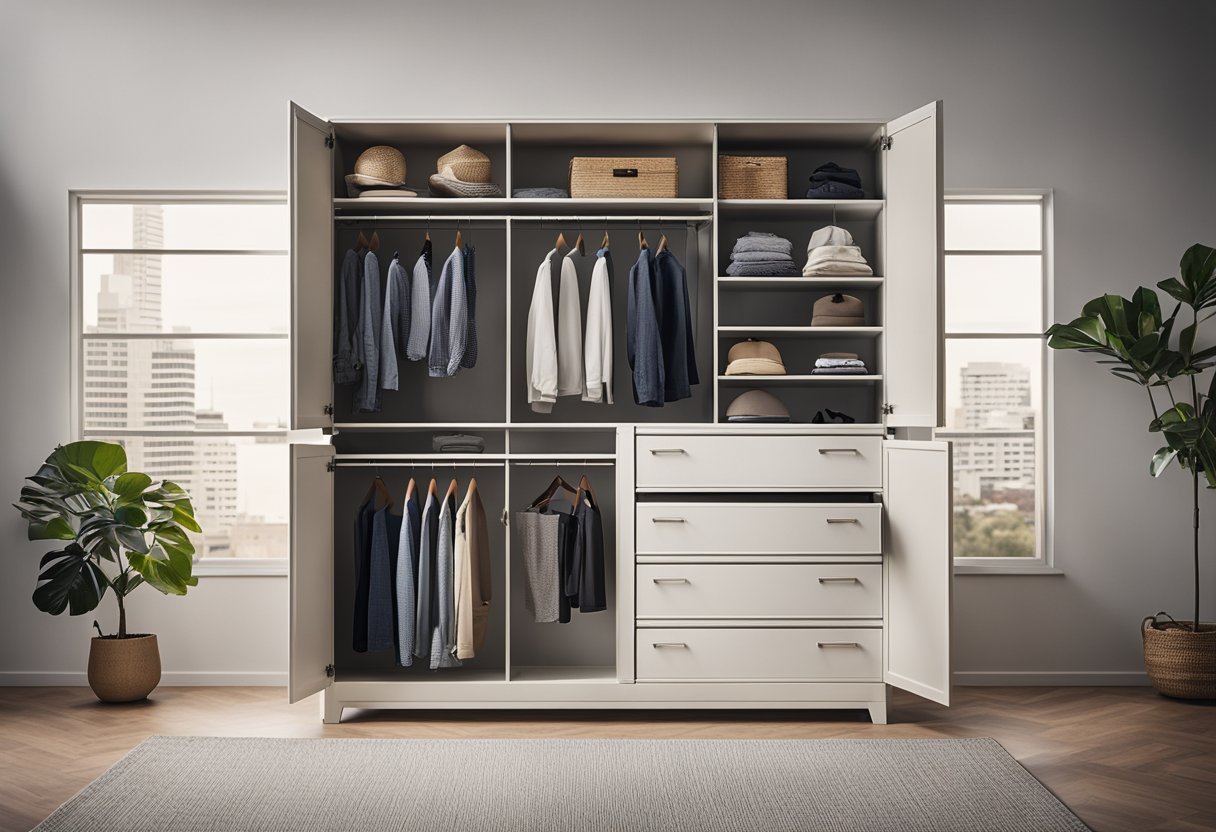 A sleek, modern dresser in a well-lit room, with multiple drawers and compartments open to reveal organized storage of clothing and accessories