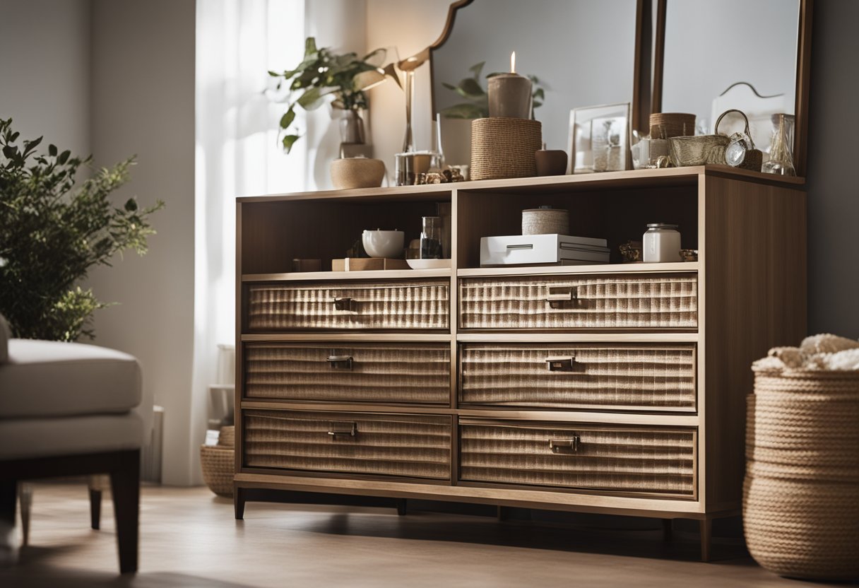 A sleek and modern dresser sits in a well-lit room, surrounded by various decorative items. The dresser is neatly organized with labeled compartments for easy access