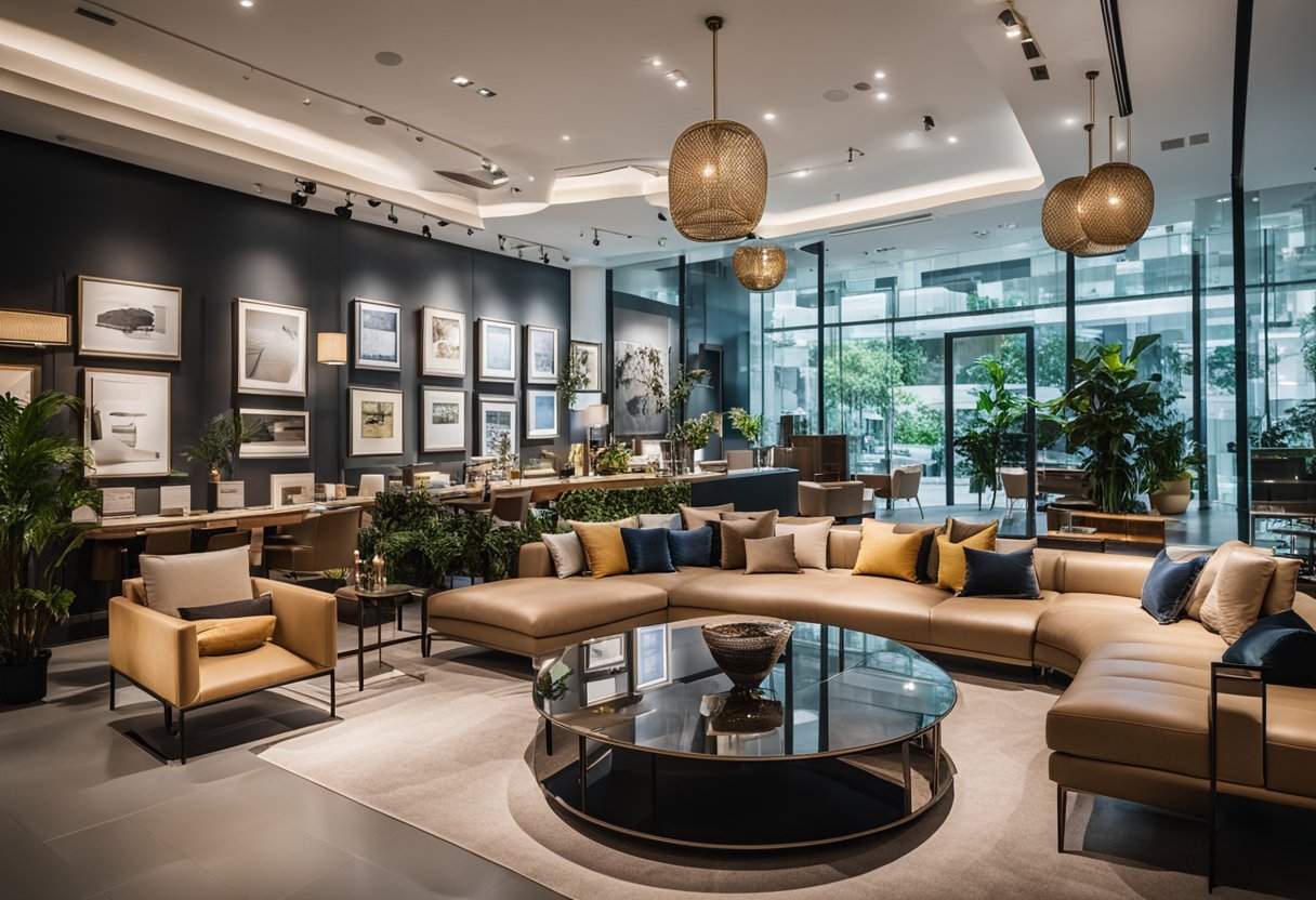 A bustling furniture showroom in Singapore, with sleek, modern designs on display. Customers browse, admiring the craftsmanship and luxurious materials