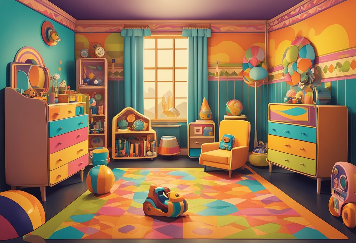 Colorful 70's themed nursery with vintage toys, retro wallpaper, and a lava lamp. Groovy name plaques adorn the walls, creating a fun and nostalgic atmosphere