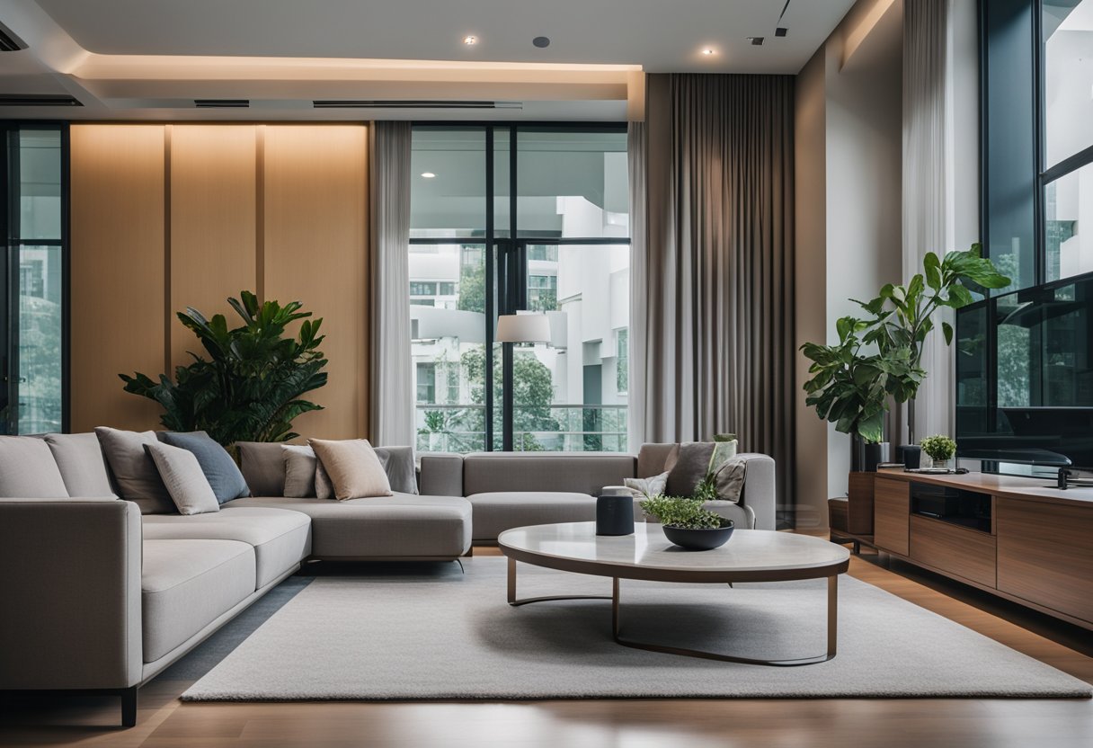 A modern living room with sleek designer furniture in Singapore, featuring clean lines and minimalist aesthetic