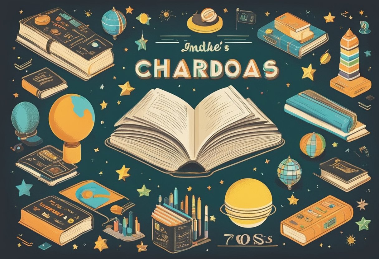 A colorful chalkboard with 70's themed graphics and text, surrounded by vintage baby name books and retro toys