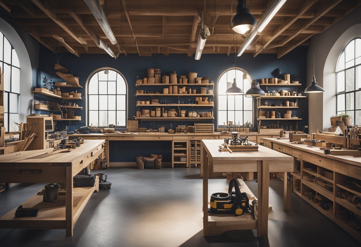 A carpentry workshop with various tools and equipment neatly organized on shelves and workbenches. Blueprints and design sketches are displayed on the walls