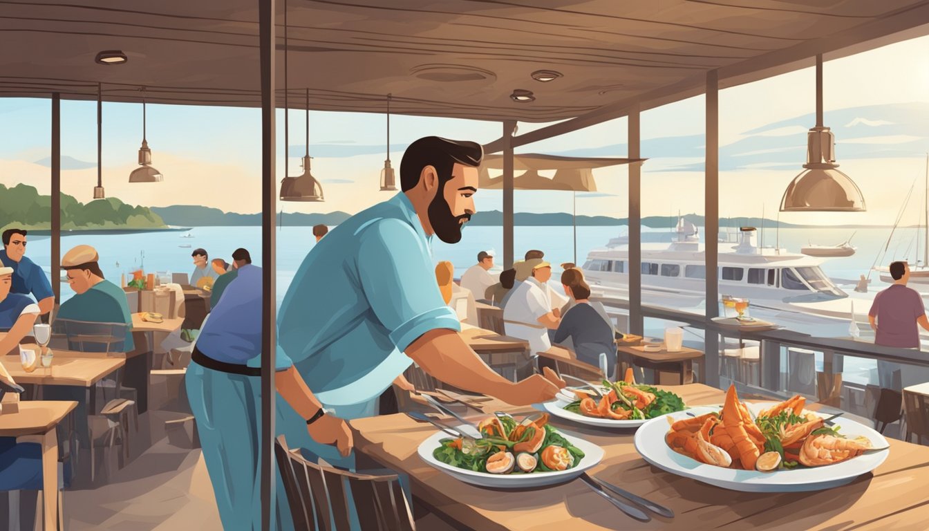 Diners savoring seafood dishes at outdoor tables by the waterfront. A chef prepares a signature dish in the open kitchen
