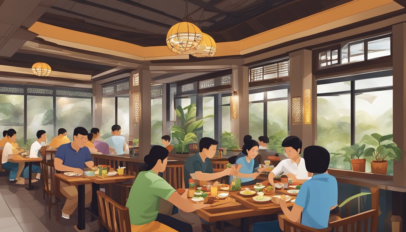 Customers eagerly enter Bukit Panjang restaurant, greeted by a warm and inviting atmosphere. The aroma of sizzling spices and savory dishes wafts through the air, creating a sense of anticipation and excitement